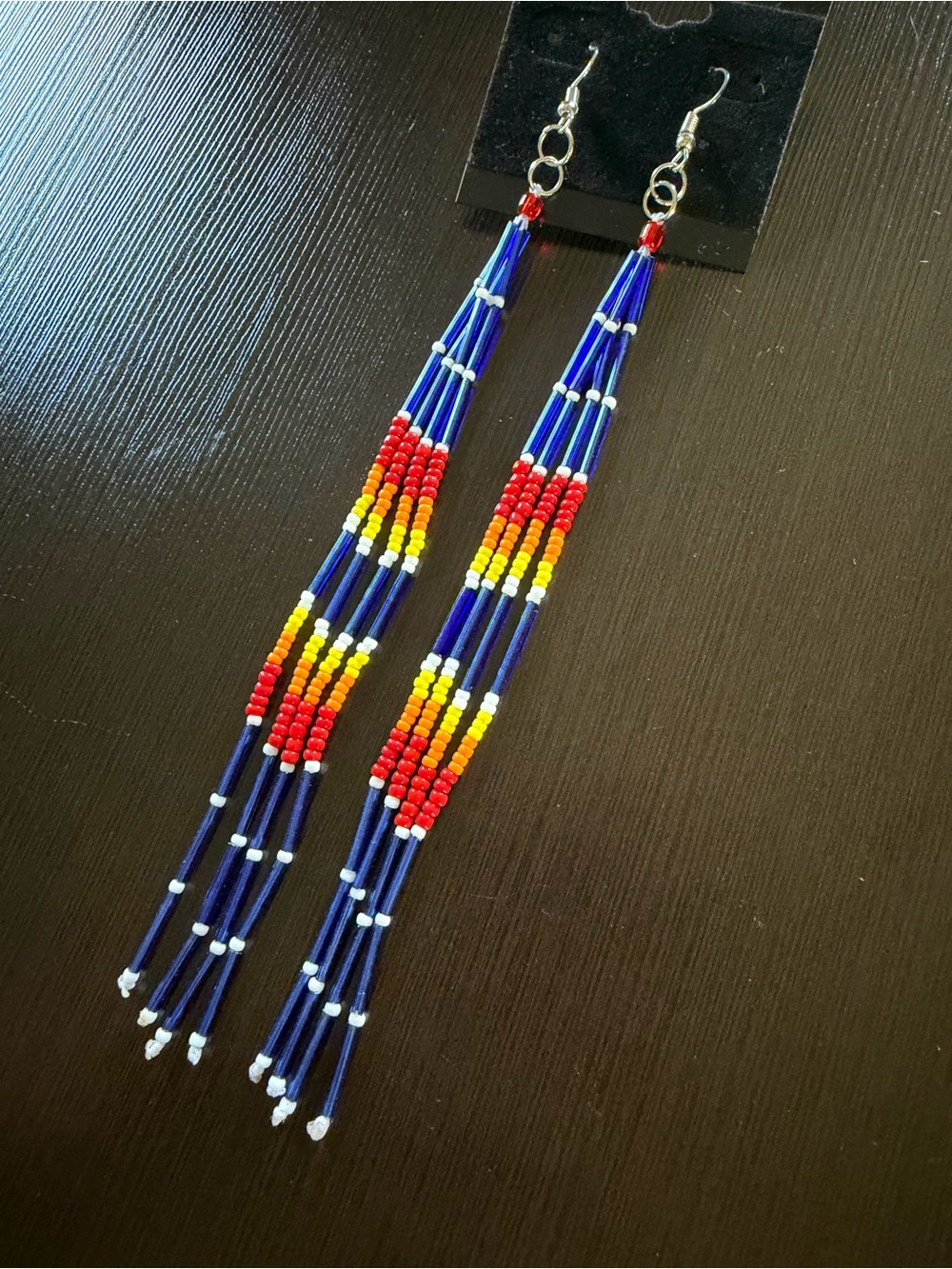 Handmade Long Beaded Fringe Earrings - Blue, Red & Yellow
